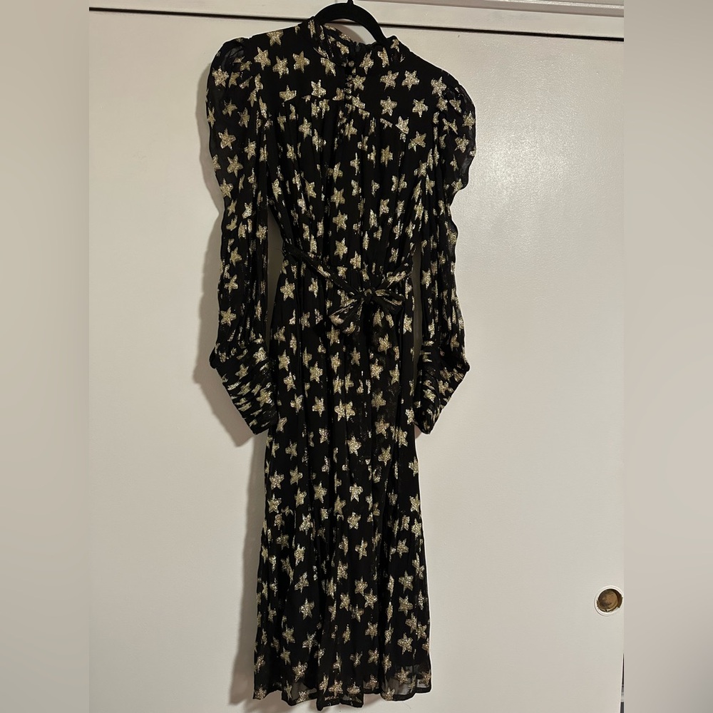 WOMEN’S CIEBON ADELLE METALLIC GOLD STAR LONG SLEEVE MIDI DRESS SIZE S